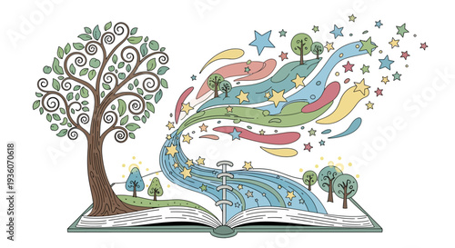 Whimsical illustration of a tree growing out of an open book with colorful swirling elements and stars
