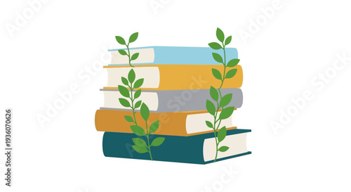 Stack of colorful books with green leaves, viewed from the front, symbolizing knowledge and growth in a serene environment