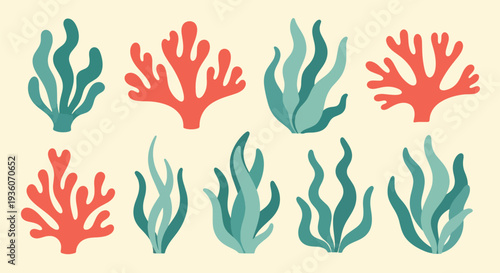 Set of Colorful Seaweed and Coral Icons