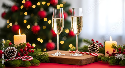 Festive holiday celebration with sparkling champagne flutes, glowing candles, and vibrant Christmas tree decorations, creating a warm and inviting atmosphere for joyous occasions.