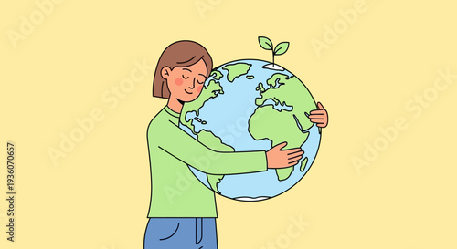 Woman embracing the earth with care and love in a vibrant green environment