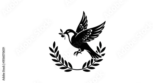 Flying bird symbol carrying olive branch