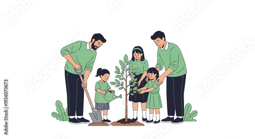 Family Planting Tree Together in Garden Scene Illustration
