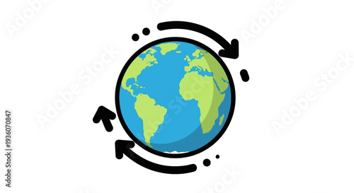 Global Rotation Illustration Showing Earth's Movement and Orbital Path in a Simple Vector Graphic