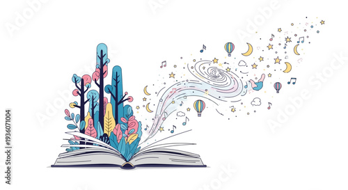 Imagination flows from an open book with characters and symbols emerging into a whimsical environment viewed from a fantastical perspective