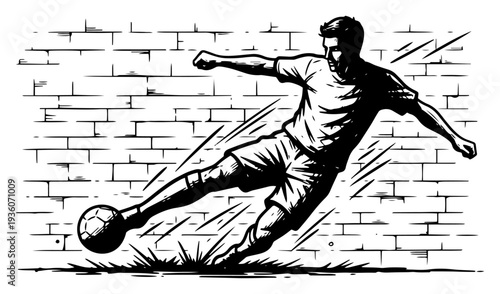 Vintage linocut style sketch of an athlete kicking a soccer ball against a brick wall