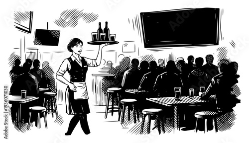 Classic woodcut style illustration of a female waitress serving drinks in a busy crowded bar