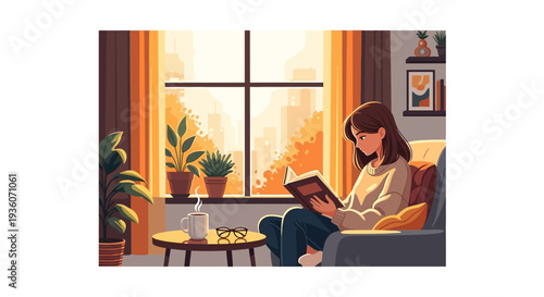 Woman reading a book on the couch beside a window with plants in a cozy room