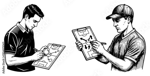 Hand drawn engraving style illustration of two football coaches planning sports game strategy on clipboards