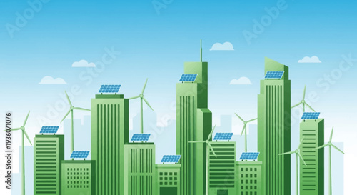 Sustainable cityscape with wind turbines and green buildings viewed from a distance on a clear day