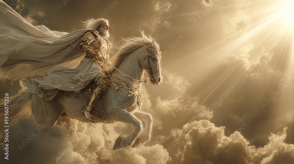 Obraz premium Jesus Christ riding a white horse biblical Book of Revelation second coming and victory. Prince of Peace war off Armageddon victory. Son of God kingship and judgment heavenly divine horse rider. 