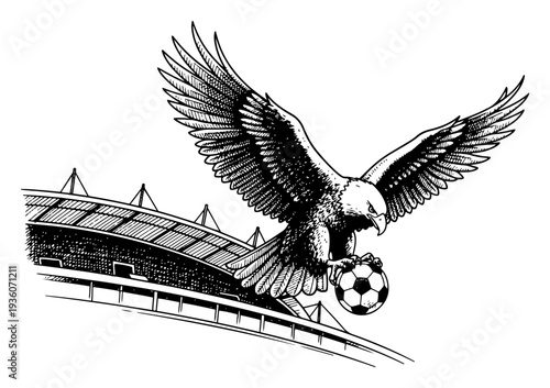 Woodcut style illustration of a bald eagle flying over a soccer stadium carrying a ball