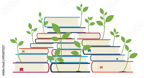Stack of books with sprouting plants, symbolizing knowledge and growth in a serene environment, viewed from the front