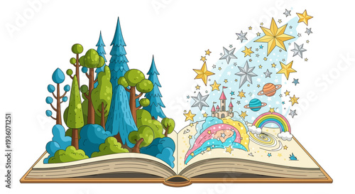 Whimsical illustration of a magical storybook with trees, rainbow, and stars coming to life
