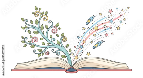 An open book with a whimsical tree growing out of it, surrounded by flying objects and stars, in a fantastical setting, viewed from the front