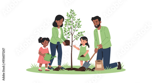 Family Planting Tree Together in a Green Environment Illustration
