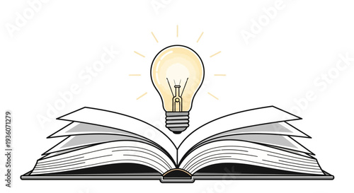 An open book with a glowing lightbulb emerging from its pages, symbolizing knowledge and creativity in a simple illustration