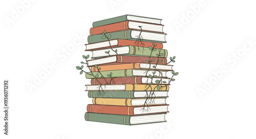 Illustration of stacked books with vines wrapped around them, symbolizing knowledge and nature, from a straight-on viewpoint