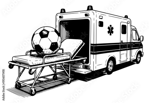 Hand drawn woodcut style illustration of a soccer ball on a stretcher entering an ambulance