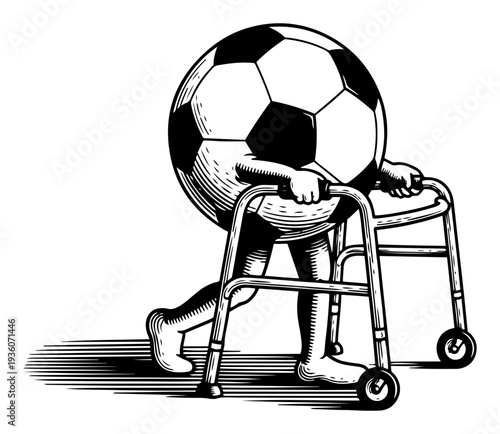 Creative woodcut style illustration of a soccer ball character using a walker for rehabilitation