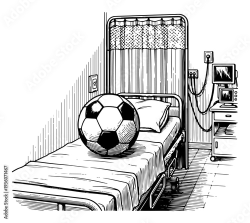 Engraving style illustration of a soccer ball resting on a hospital bed in a medical ward