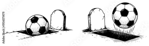 Woodcut style illustration showing soccer balls at a cemetery with graves and headstones