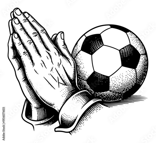 Engraving style illustration of praying hands next to a soccer ball symbolizing passion and faith