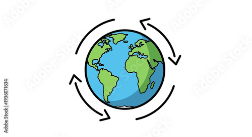 A simple illustration of the Earth with arrows rotating around it, symbolizing global movement and environmental awareness from a straightforward viewpoint.