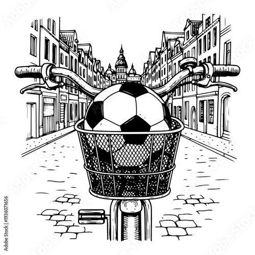 Woodcut style drawing of a soccer ball in a bicycle basket on an old European city street