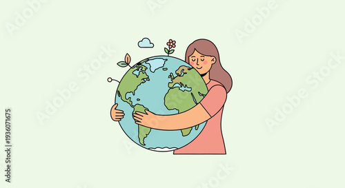 Woman embracing the earth with care and love in a serene environment from a side viewpoint