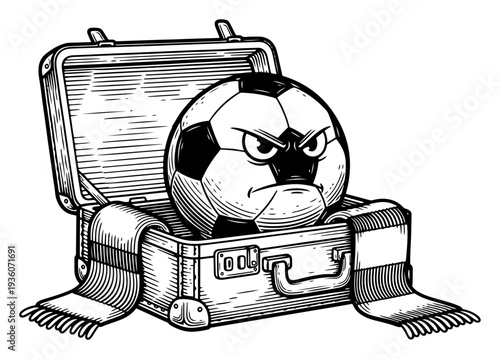 Engraving style illustration of an angry soccer ball character sitting inside an open suitcase with a scarf