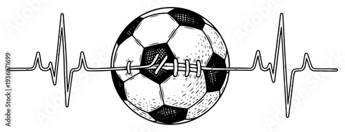Vintage woodcut style illustration of a soccer ball with a heartbeat pulse line symbolizing life and passion