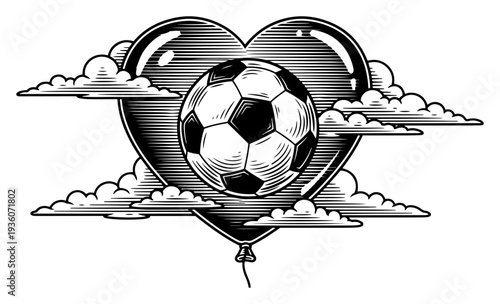 Engraving style illustration of a soccer ball inside a heart shaped balloon floating in the clouds