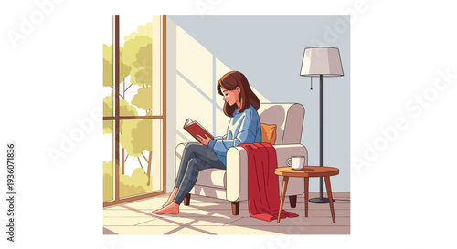 Woman relaxing at home reading a book in a comfortable chair by the window with natural light