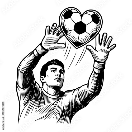Dynamic woodcut style illustration of a goalkeeper catching a heart shaped soccer ball