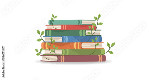 Colorful books stacked with vines, symbolizing knowledge and growth, viewed from the front in a clean environment.