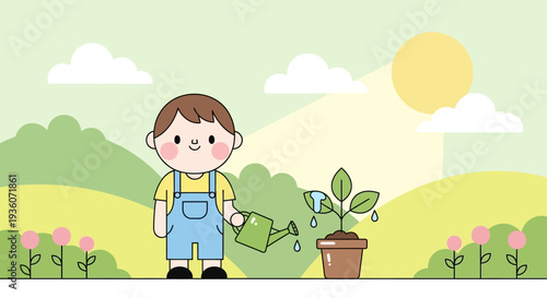 A young boy waters a plant in a serene landscape on a sunny day