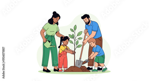 Family Planting Tree Together in Garden Scene Illustration