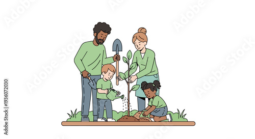 Family Planting Tree Together in Garden Scene Illustration