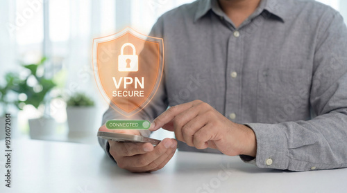 Person using smartphone with secure VPN shield and connection icon