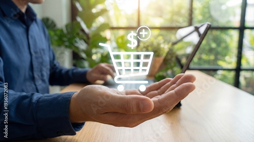 Hand holding digital shopping cart icon with dollar sign for e-commerce growth