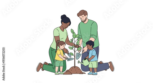 Family planting a tree together in a garden, surrounded by nature and happiness