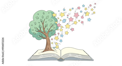 An open book with a tree growing from it, releasing colorful stars into the air, symbolizing knowledge and imagination