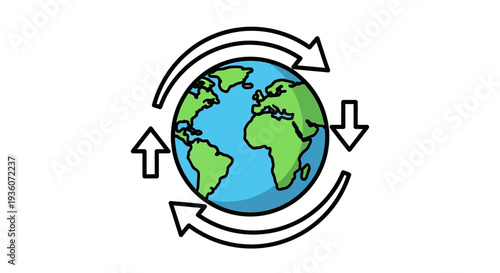 Simplified illustration of the Earth with arrows indicating rotation and global movement, showcasing a minimalist representation of the planet and its dynamics