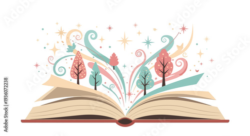 An open book with whimsical trees and stars emerging from its pages, symbolizing imagination and creativity in a fantastical environment viewed from a straightforward perspective