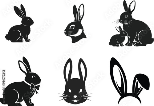 Collection of six black silhouette illustrations of rabbits in various poses