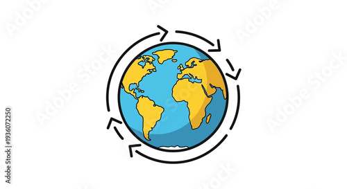 Earth illustration with arrows indicating global rotation and movement from a centered viewpoint