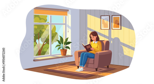 Woman relaxing in a cozy armchair near a sunny window with a tablet in a serene indoor setting viewed from above