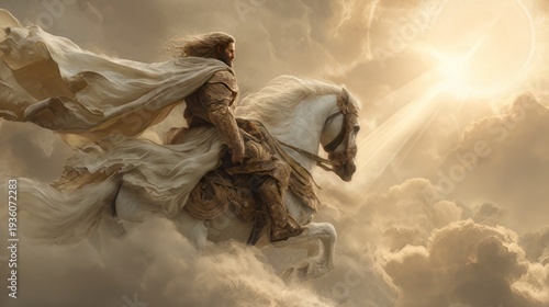 Jesus Christ riding a white horse biblical Book of Revelation second coming and victory. Prince of Peace war off Armageddon victory. Son of God kingship and judgment heavenly divine horse rider. 