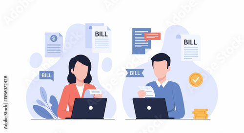 People paying bills online with laptops and documents for financial management.